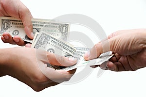 The hand of the officials bank He gave the dollar to the customer.on isolated white background