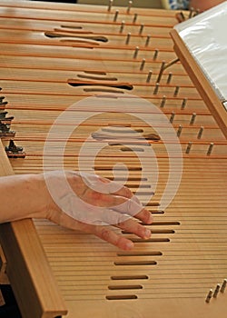 hand of an old cithara player with lots of strings