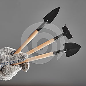 Hand in old glove holding gardening tools  on gray background.