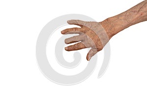 Hand of an old man with a missing middle finger phalanx on the white background isolated, disabled concept