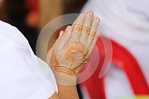 Hand of old people of asian pay respect to the Buddha and Thai m