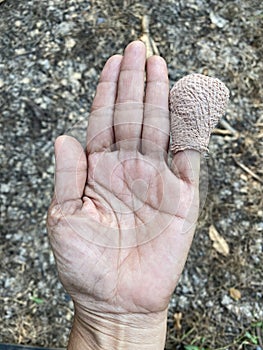 Hand of old woman with ball of thread