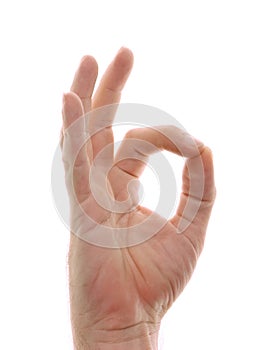 Hand in om position gesture on white