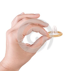 Hand with opeden yellow condom isolated white