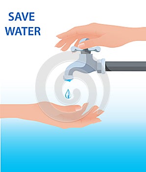 Hand open for drinking tap water. Drink a falling drop. Liquid in the palm. Vector illustration flat design.  Turn on and turn off