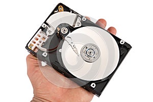 Hand with a open hard disk drive