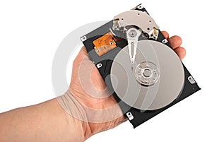 Hand with a open hard disk drive