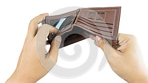 Hand open wallet without money and nothing photo