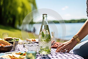 hand opening a bottle of sparkling water on a sunny day picnic