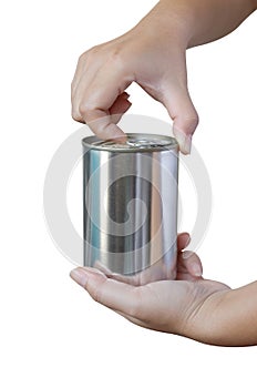 Hand opening a can isolated on white