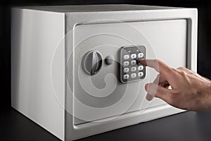 The hand opens a combination lock on the safe, a light safe on a dark background.