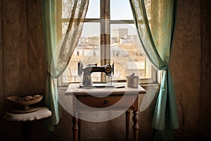 hand-operated sewing machine beside a window