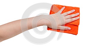 Hand with orange dusting rag isolated on whit