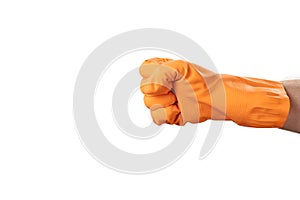 Hand in orange rubber glove shows a sign or symbol fist punch