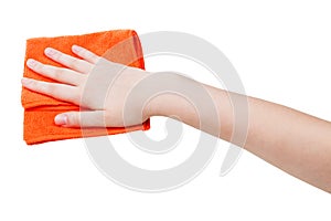 Hand with orange wiping rag isolated on white