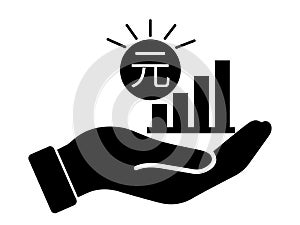 Hand Out CNY Chinese Yuan Renminbi Growth Bar Chart. Black Illustration Isolated on a White Background. EPS Vector