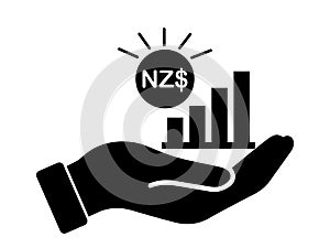 Hand Out NZD New Zealand Dollar Growth Bar Chat. Black Illustration Isolated on a White Background. EPS Vector