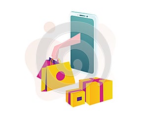 Hand out of the smart phone isometric online shopping