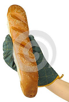 Hand in Oven Mitt Holding French Baguette