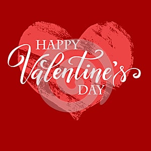 Hand paint vector heart silhouette in grunge style with hand written lettering Valentine`s Day