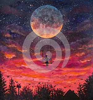 Hand painted acrylic painting Girl guy man riding on big moon planet earth. Fairytale character for a book or fairy tale