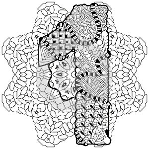 Mandala with numero one for coloring. Vector decorative zentangle photo