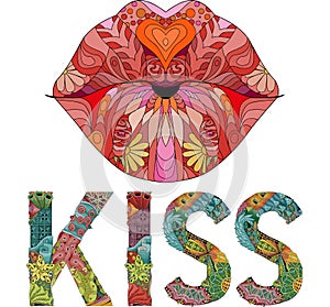 Word KISS with lips silhouette . Vector decorative zentangle object