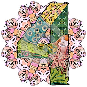 Mandala with numero four. Vector decorative zentangle photo