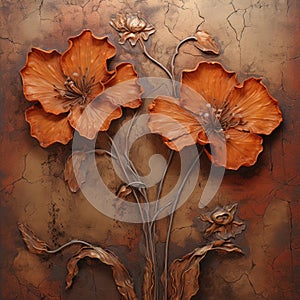 Hand Painted Art Painting Of Orange Flowers On Brick Wall