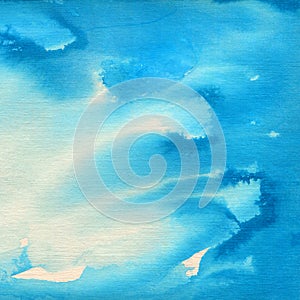 Hand painted blue watercolor background. Watercolor wash.