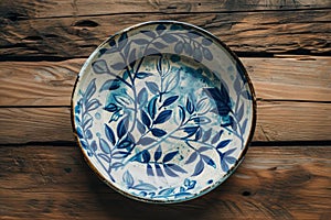 Hand-painted ceramic plate with floral design on wooden background