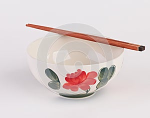 Hand painted ceramic soup bowl with wooden chopsticks