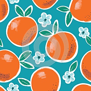 Hand Painted Colorful Abstract Oranges, Flowers and Leaves on Blue Background. Summer Fruits Vector Seamless Pattern