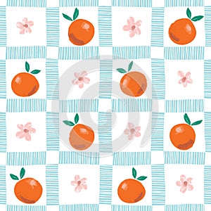 Hand Painted Colorful Abstract Oranges, Flowers and Leaves on Plaid Background. Summer Fruits Vector Seamless Pattern