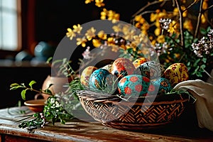 Hand-painted colourful Easter eggs in a wicker basket.