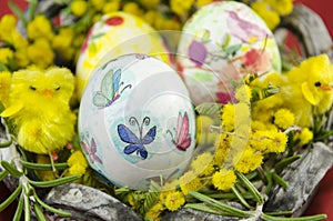 Hand painted decoupage Easter egg in a basket