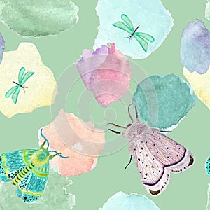 Hand painted delicate watercolor moth dragonfly pattern