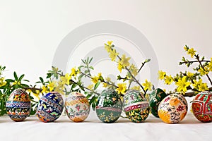 Hand-painted Easter eggs against a background of spring flowers.