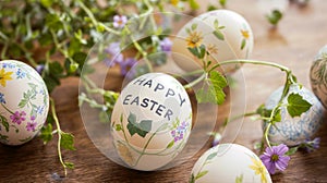 Hand-Painted Easter Eggs With Floral Designs on Wooden Surface