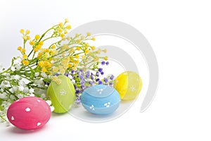 Hand painted Easter eggs and flowers isolated on white.