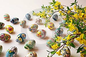 Hand-painted Easter eggs lying on a white tabletop.