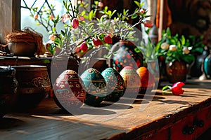 The hand-painted Easter eggs stand in an even row on an old wooden windowsill.