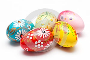 Hand painted Easter eggs on white. Spring patterns art