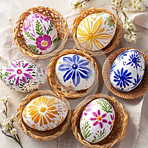 Hand Painted Easter Eggs in Wicker Baskets Spring Floral Design