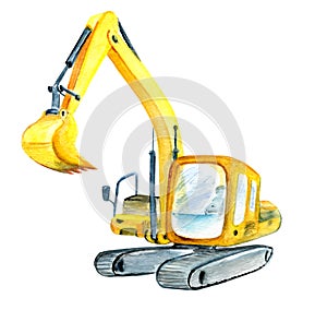 Hand painted excavator illustration. Heavy construction machinery for kids books or games. Isolated on white watercolor drawing of