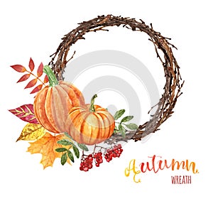 Hand painted fall wreath, pumpkin decor with red and yellow tree leaves and rowan berries. Rustic style