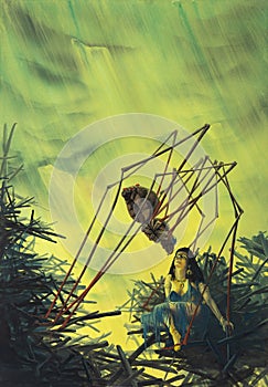 Hand painted fantasy illustration of a young sexy woman sitting eye to eye with a big spider in a barren landscape with sulfur
