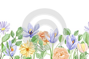 Hand painted floral seamless border design. Watercolor botanical illustration with flowers