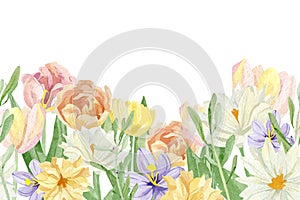 Hand painted floral seamless border design. Watercolor botanical illustration with tulips,wildflowers isolated on white background