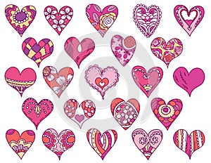 Hand painted flowers with floral decorative elements. Valentine hearts, wedding ornaments. Vector illustration.